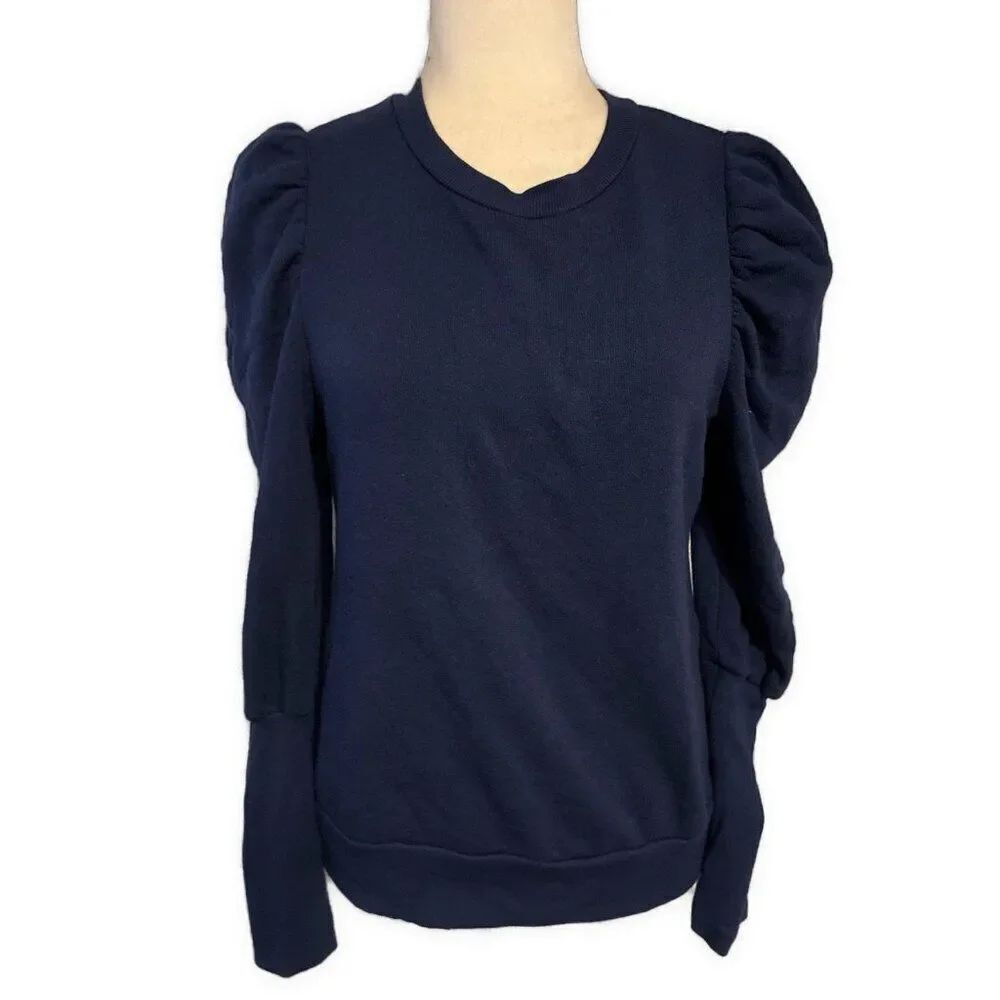 express women's solid navy blue crew neck ruched long sleeve sweatshirt Sweater